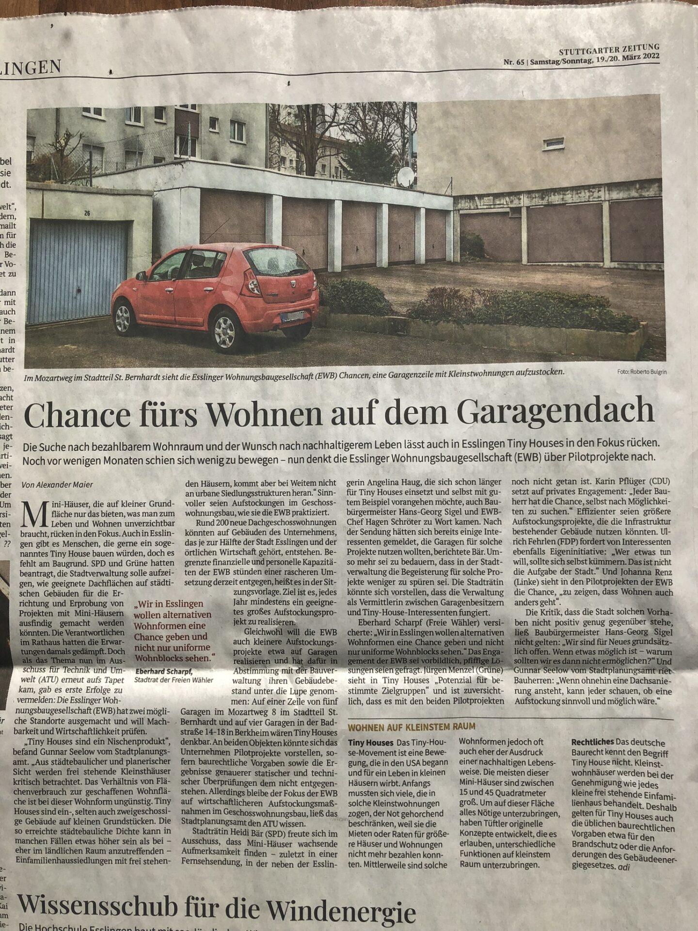 Stuttgarter Zeitung 19.03.2022 - Chance fürs Wohnen auf dem Garagendach (Tiny Houses)
